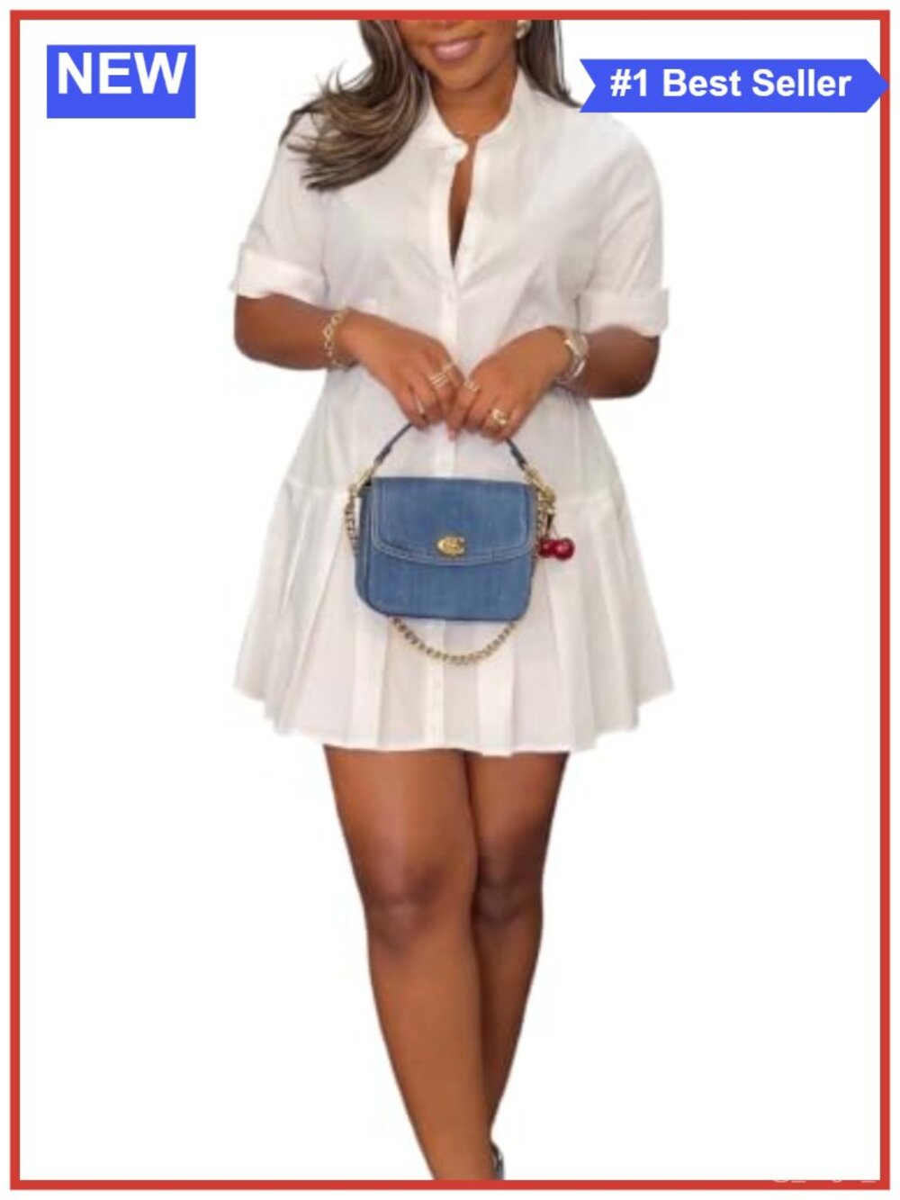 Women's Button Down Pleated Swing Mini Shirt Dress Short Sleeve